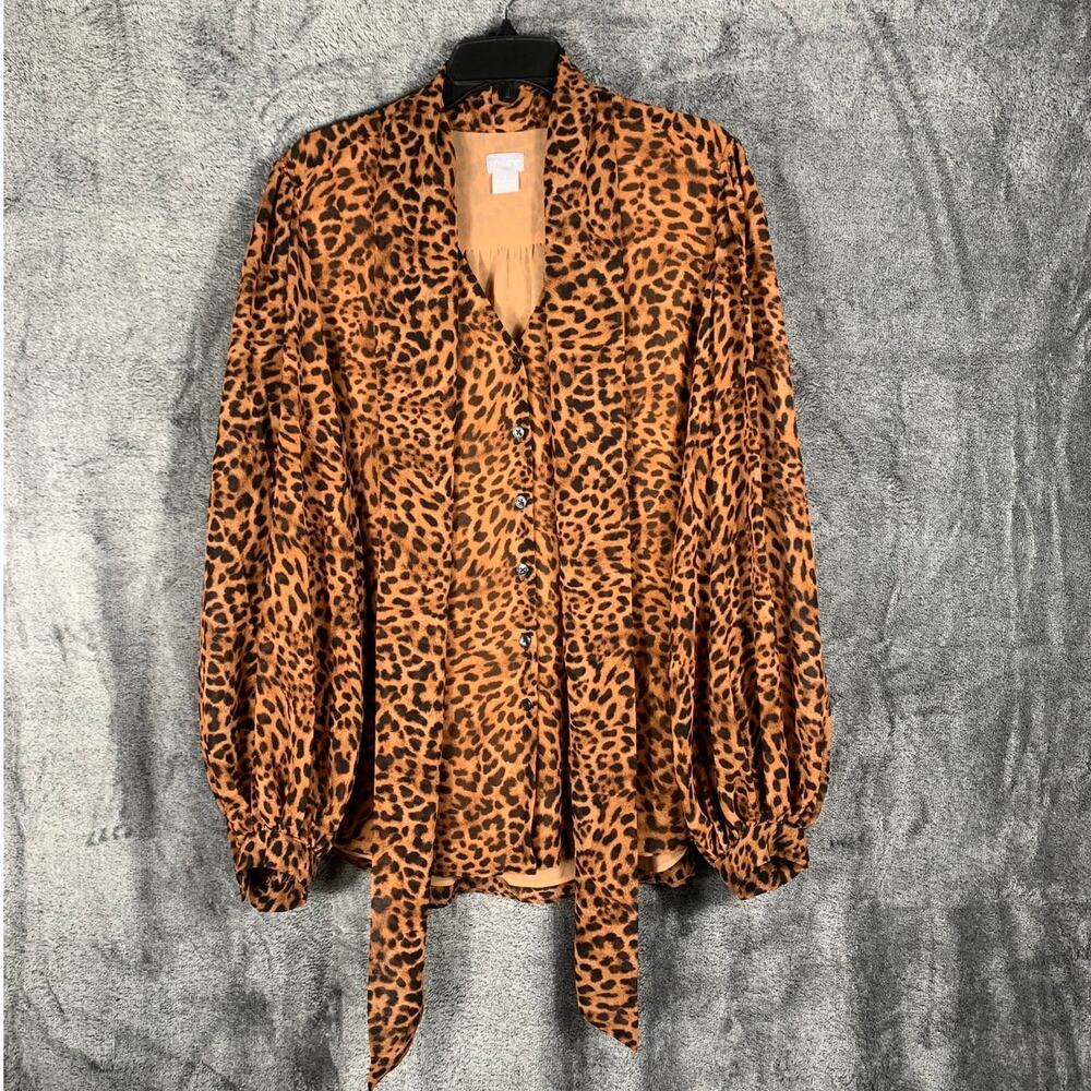 Chicos Top Womens 3 (US 16/18) Leopard Animal Print Tie Neck Blouse Career Work